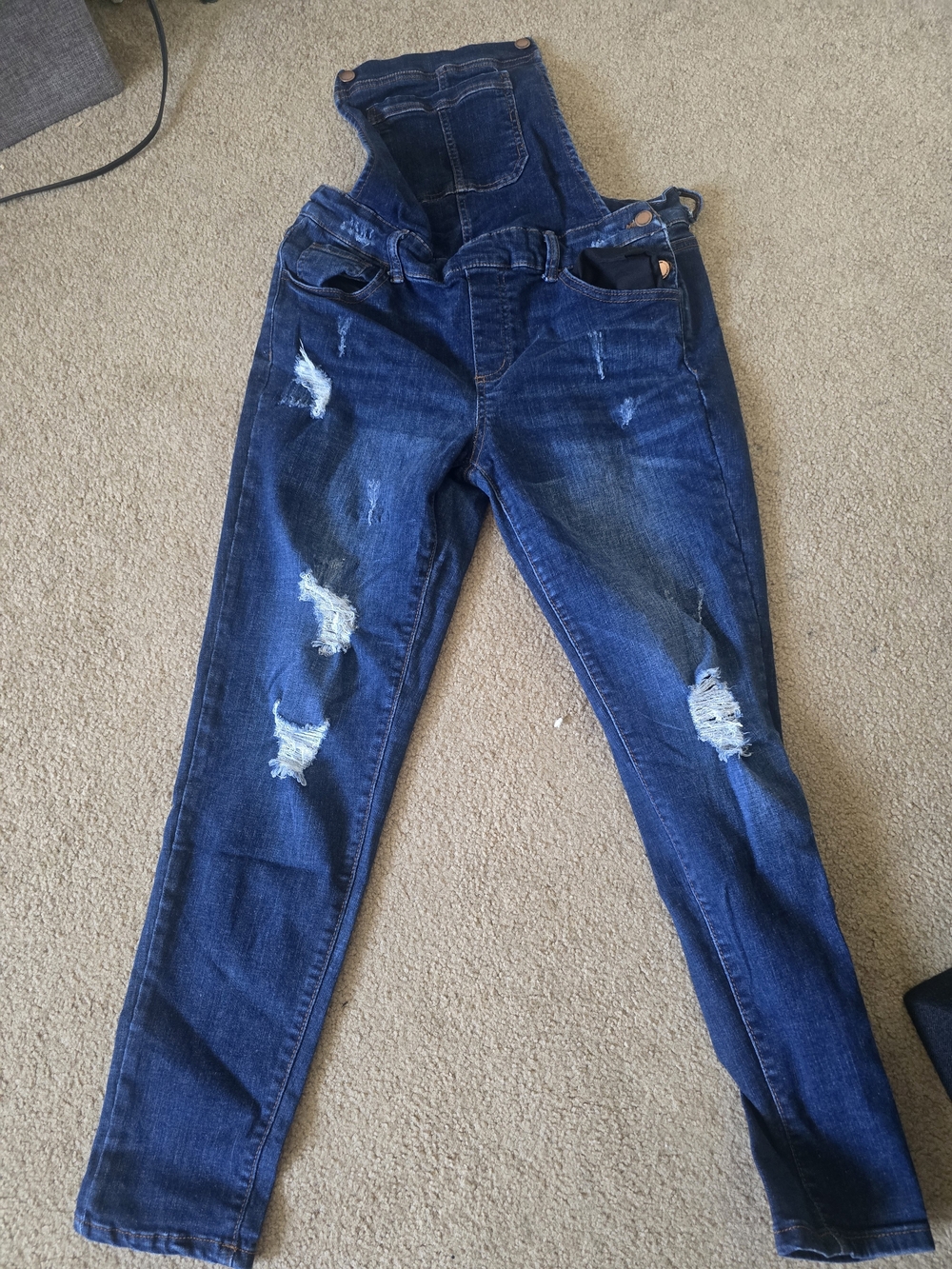 Dark Blue Distressed Women's Overalls Jeans Large